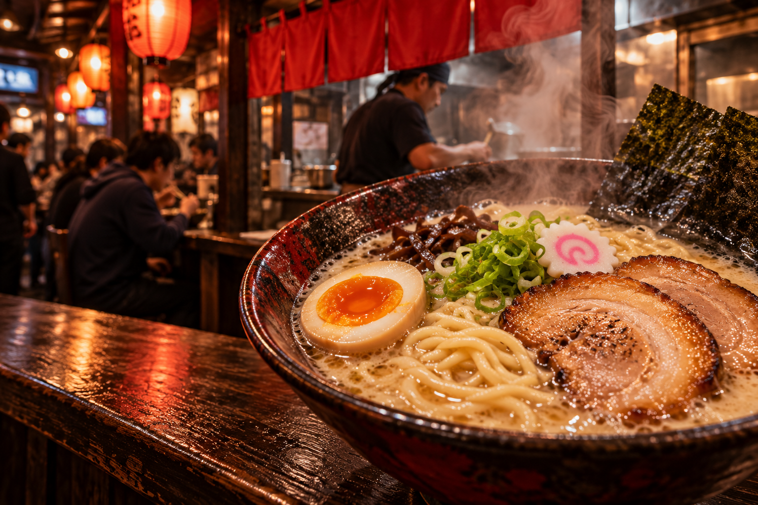 Steaming bowl of ramen on a wooden counter, used as the guide hero