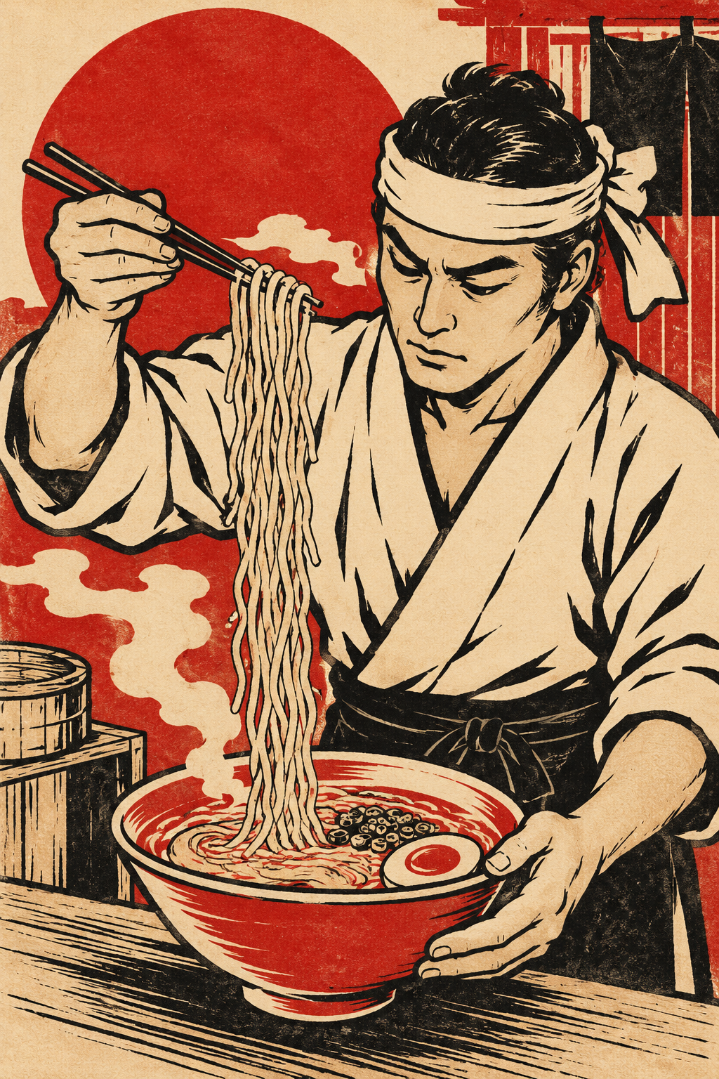 Illustration of a cook lifting noodles from a bowl